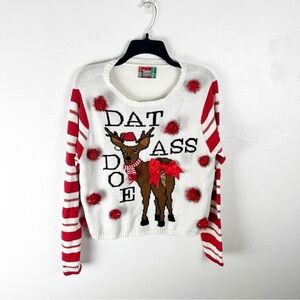 SPENCER’S White Graphic Print Long Sleeves Ugly Christmas Sweater, Size Large